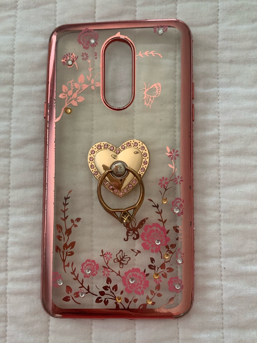 Clear Pink Floral Phone Case with Rose Gold Heart Ring Grip - IPhone XS Max